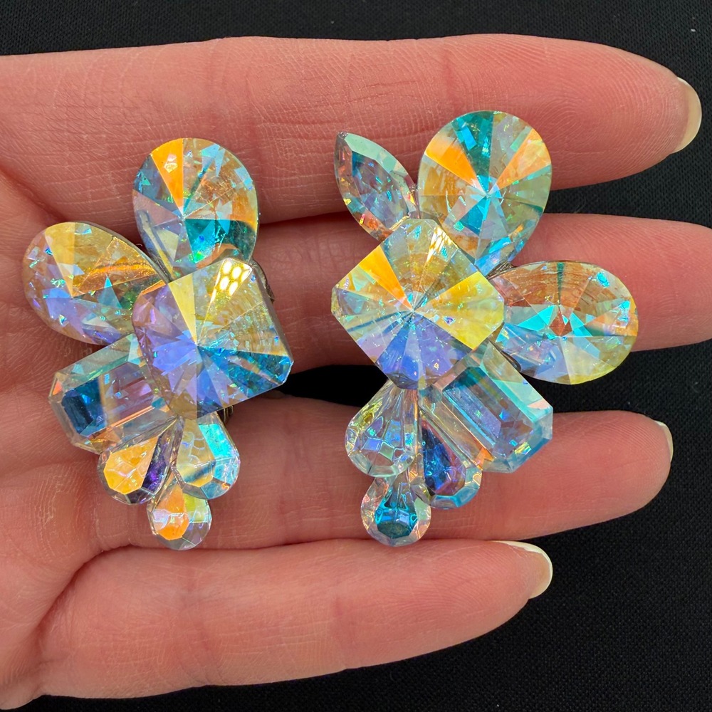 Vintage AB Crystal Clip On Earrings Large Faceted Statement Aurora Borealis